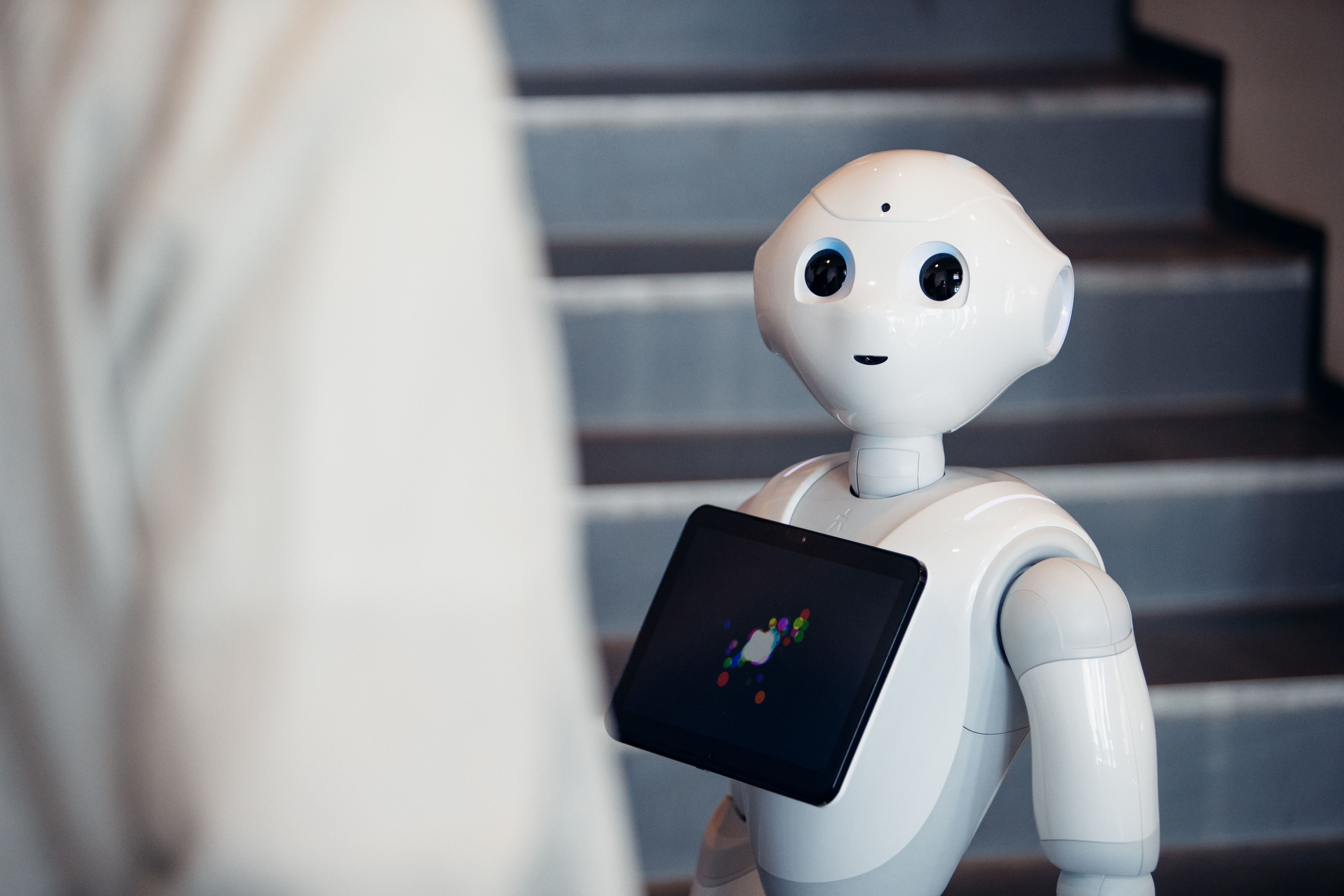 En vit humanoid robot tittar på en person