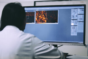 Studerande vid en dator.