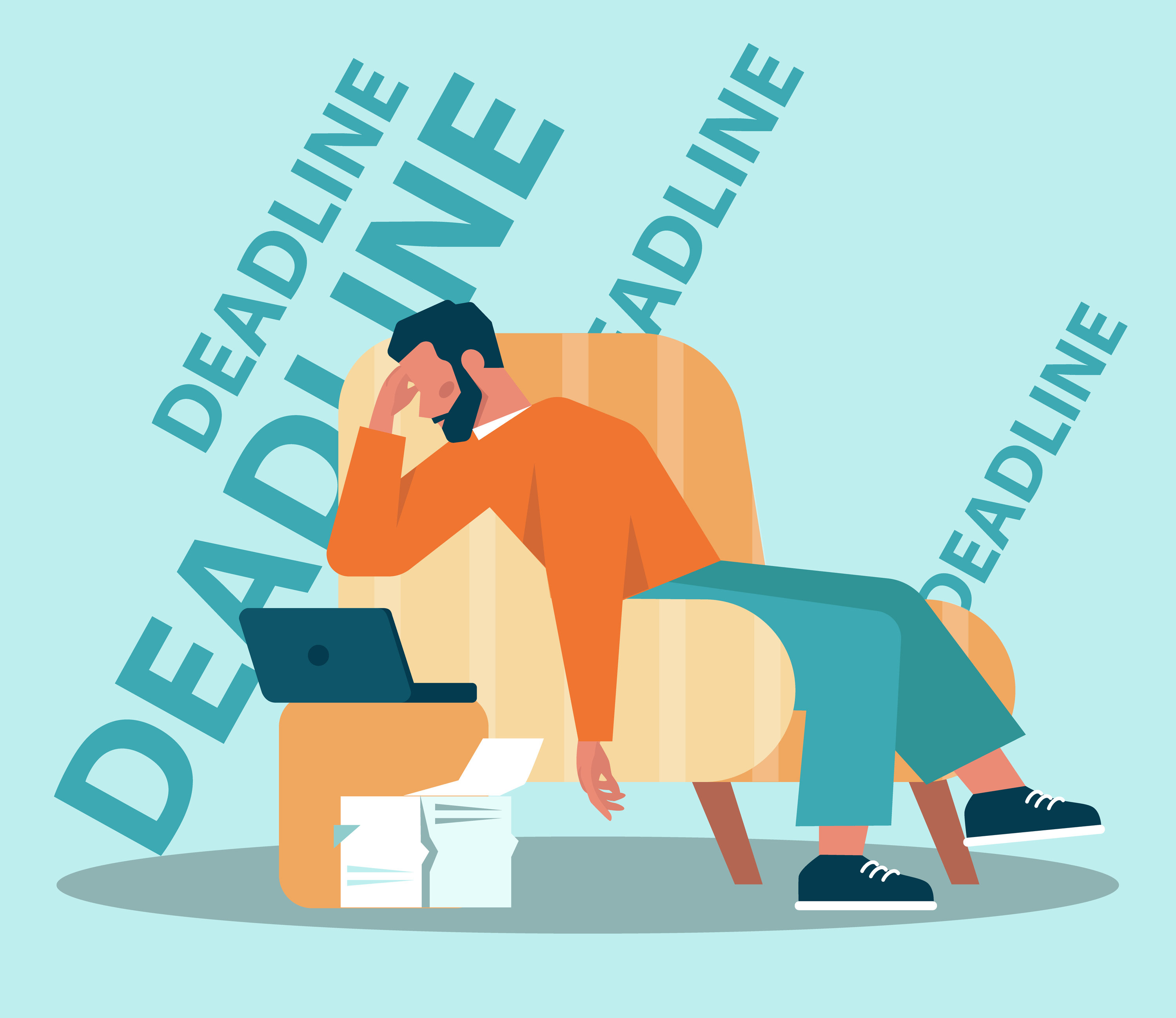 Student som tittar på sin skärm och har många deadlines.